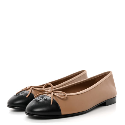 Chanel Lambskin Cap Toe CC Ballerina Flats 37.5 Dark Beige Black 3 of 10