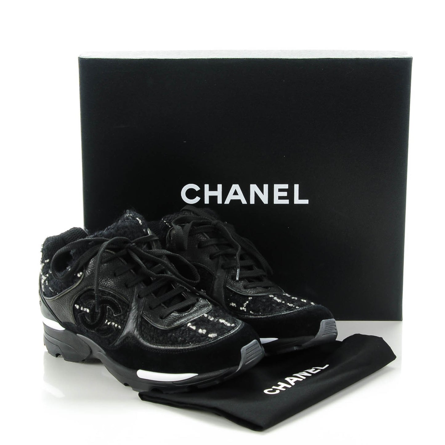 Suede Tweed Goatskin CC Sneakers 35 Black