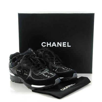 Chanel Suede Tweed Goatskin CC Sneakers 35 Black 5 of 7