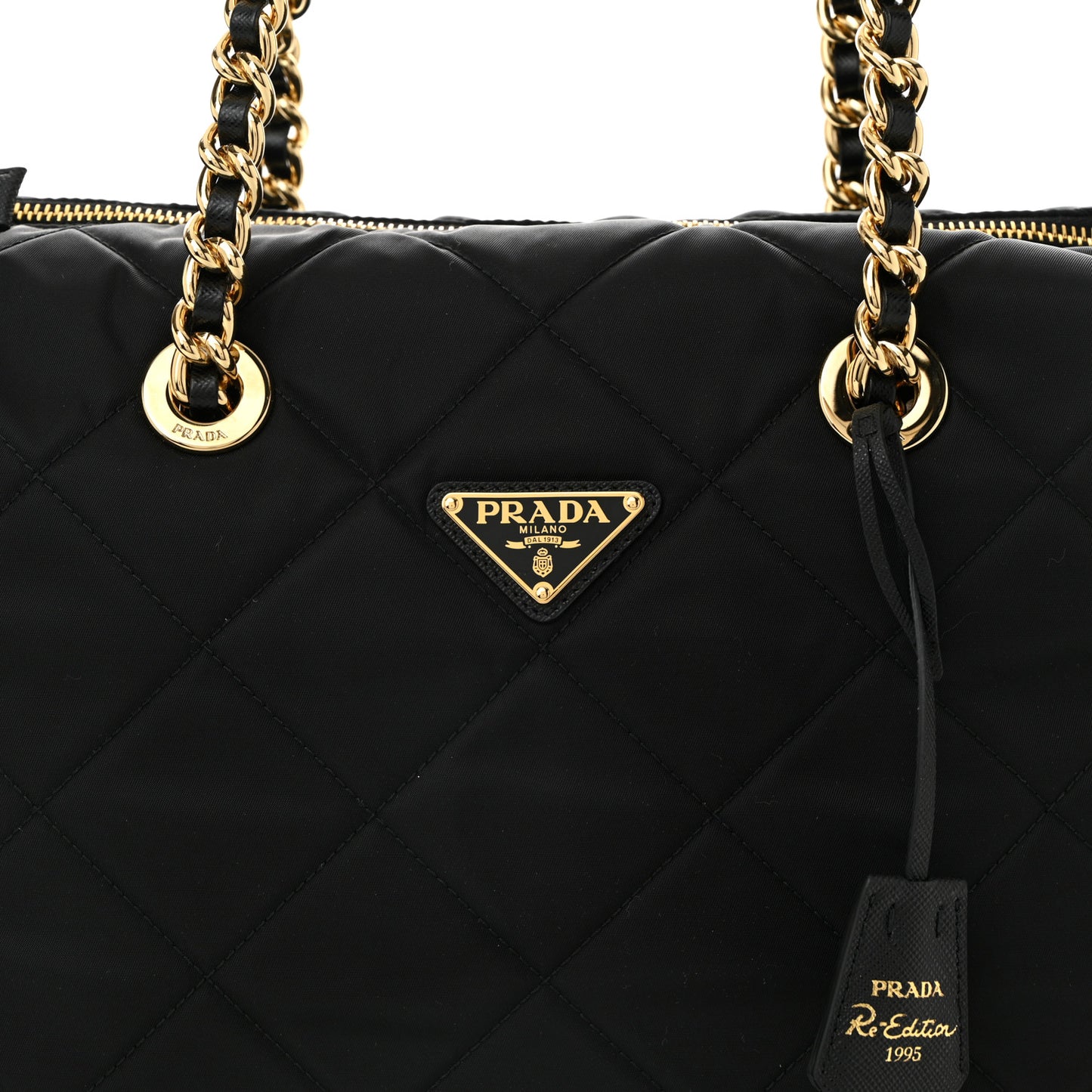 Re-Nylon Impunturato Saffiano Triangle Stitched Re-Edition 1995 Chaine Large Shoulder Bag Black