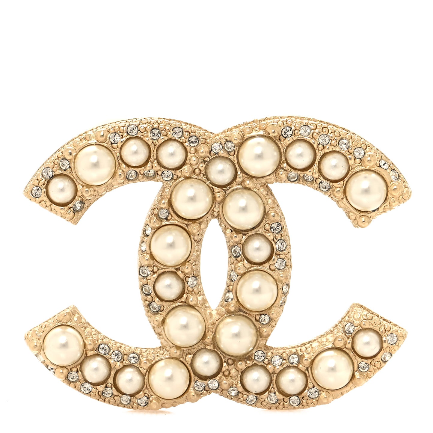 Metal Crystal Graduated Pearl CC Brooch Gold