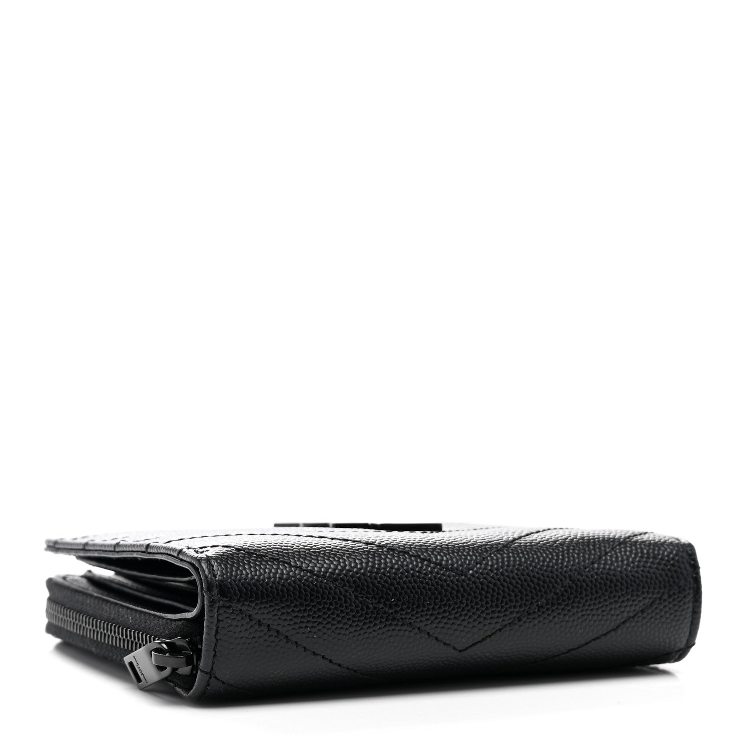 Saint Laurent Grain De Poudre Matelasse Chevron Monogram Monochrome Compact Zip Around Wallet Black 3 of 7