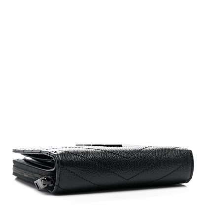 Saint Laurent Grain De Poudre Matelasse Chevron Monogram Monochrome Compact Zip Around Wallet Black 3 of 7