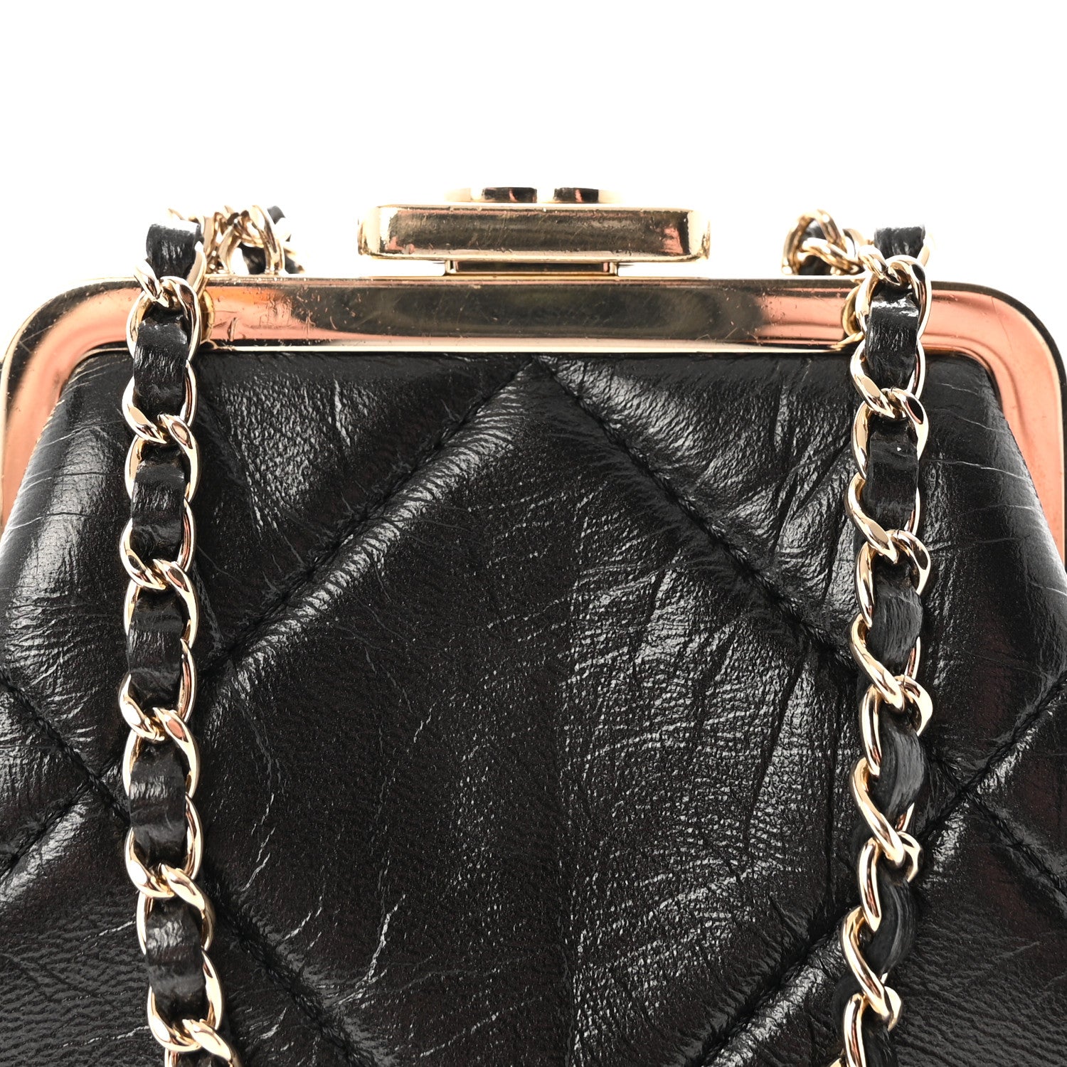 Chanel Shiny Aged Lambskin Quilted Kiss Lock Clutch With Chain Black 8 of 10