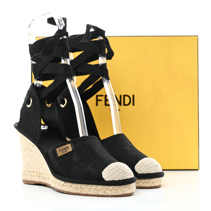 Fendi Canvas FF Embroidered Roma Ankle Wrap Wedge Espadrilles 36 Black 8 of 8