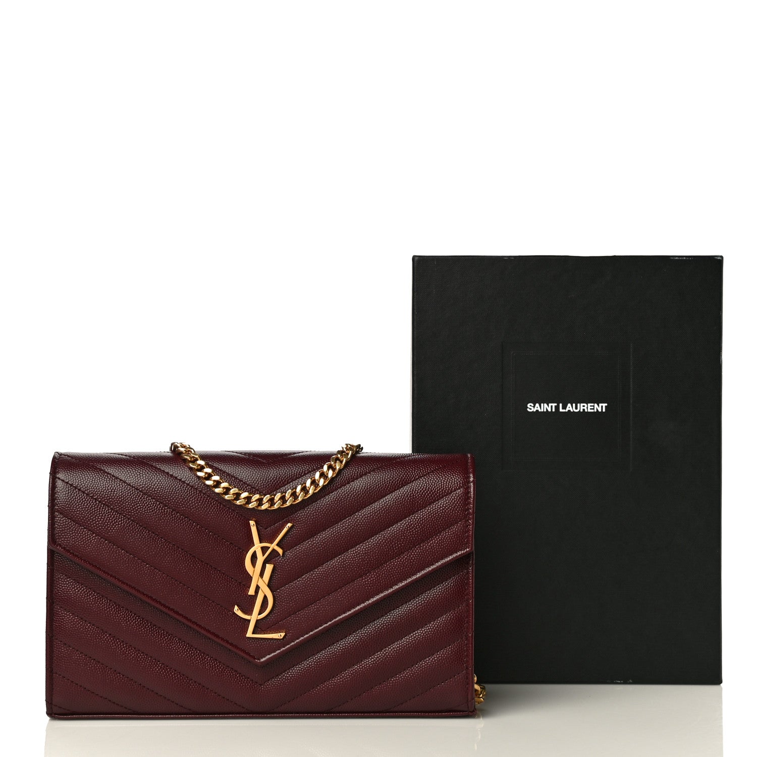 Saint Laurent Grain De Poudre Matelasse Chevron Monogram Chain Wallet Rouge Legion 11 of 11