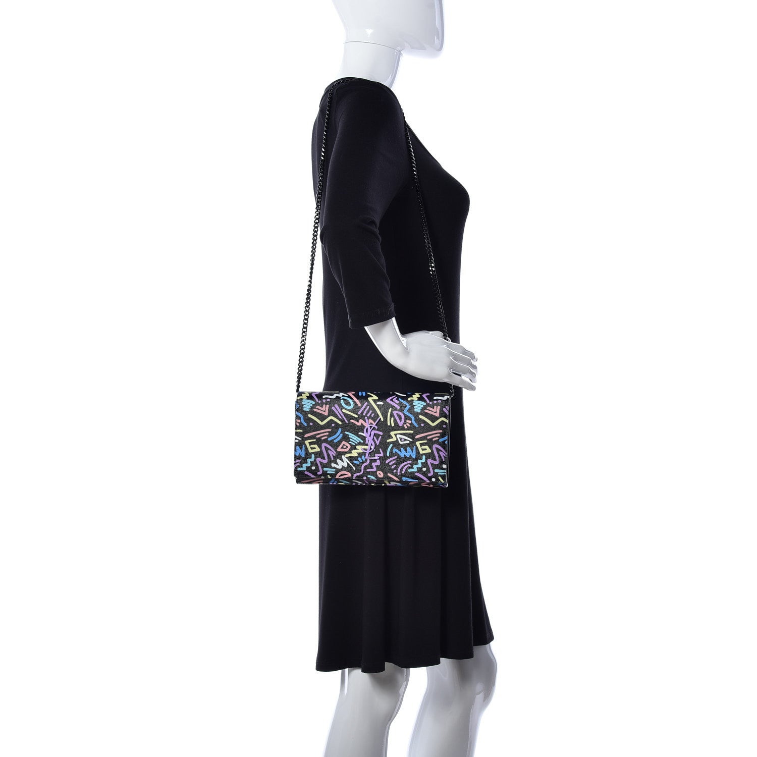 Saint Laurent Grain De Poudre Medium Classic Monogram Multicolor Graphic Print Chain Wallet Black 2 of 9