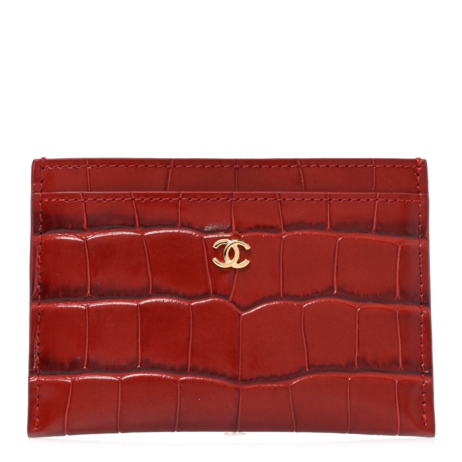 Chanel Calfskin Crocodile Embossed Crococo Card Holder Burgundy 1 of 8