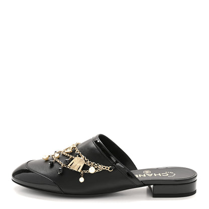 Chanel Lambskin Patent Pearl Chain Charm CC Mules 37 Black 1 of 10