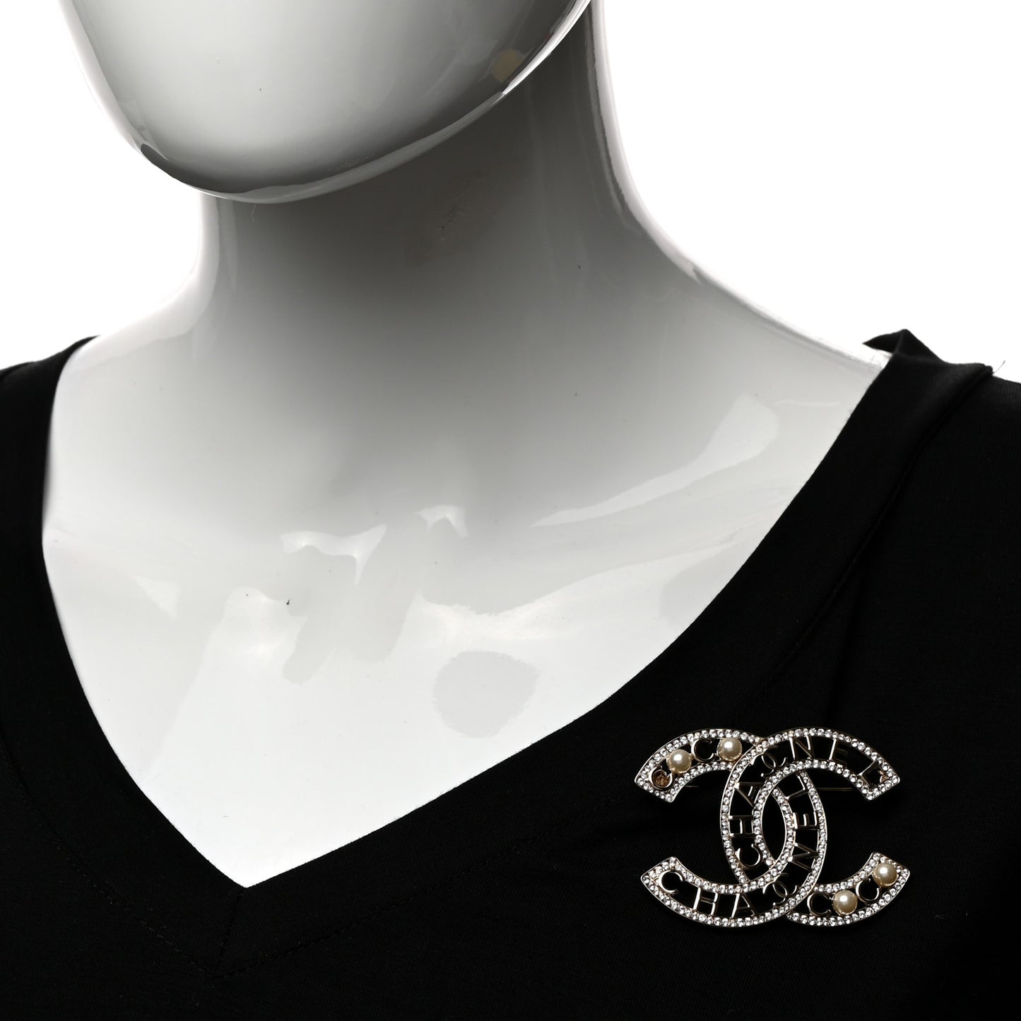 Crystal Pearl Coco CC Logo Brooch Gold