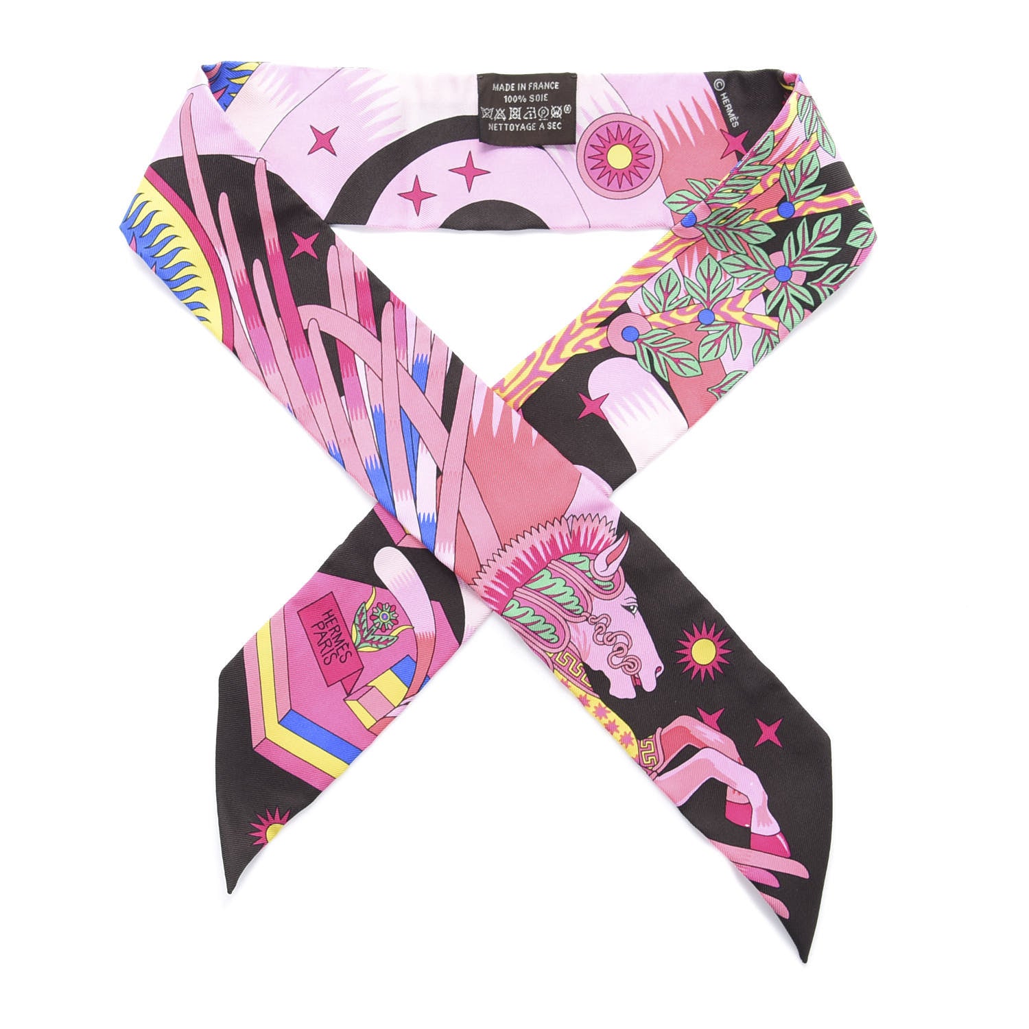 Hermes Silk La Source de Pegase Twilly Ebene Rose Vif Jaune Vif 1 of 5