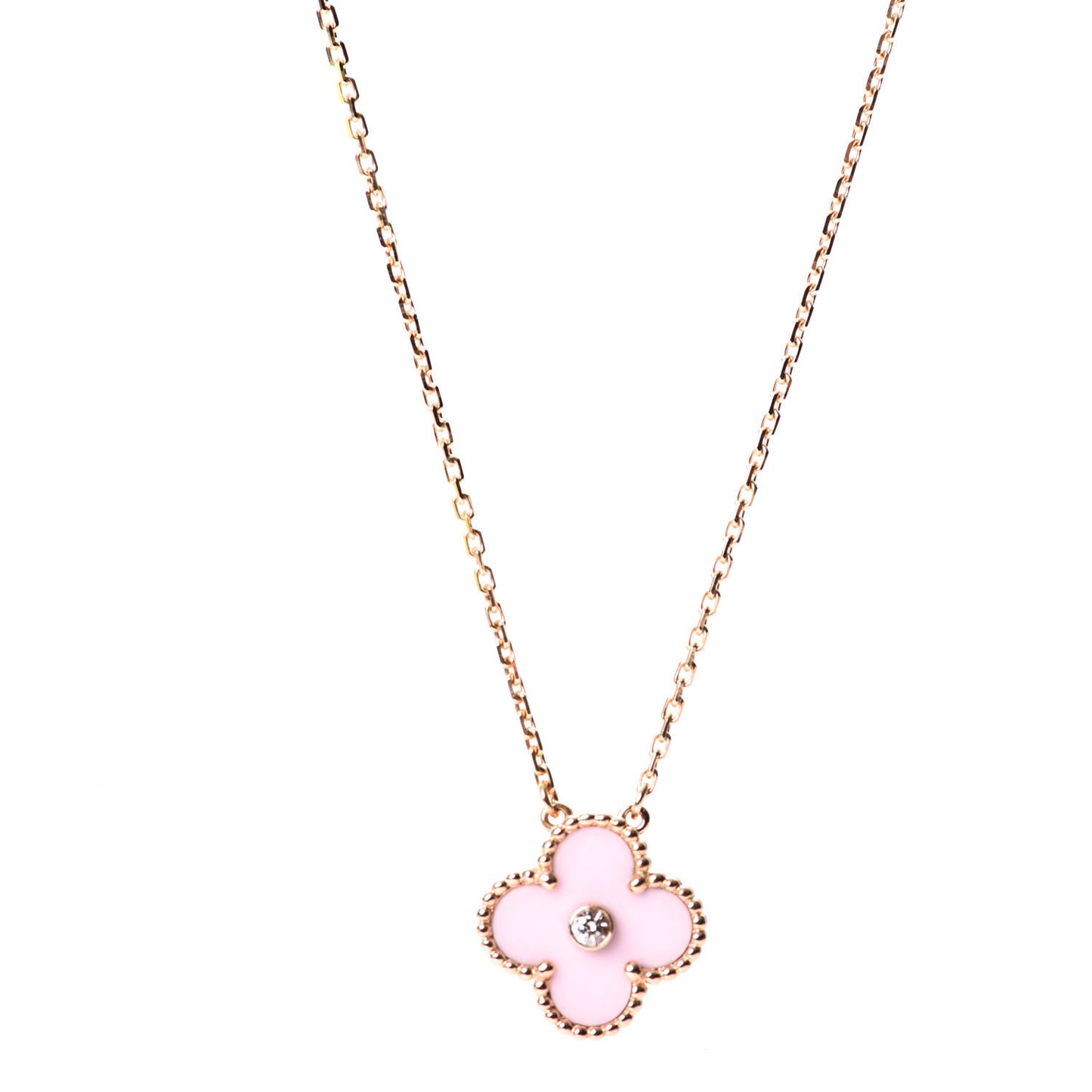 18K Rose Gold Diamond Pink Porcelain Vintage Alhambra Pendant Necklace