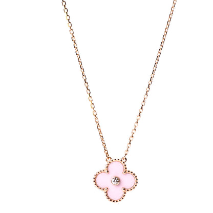 Van Cleef & Arpels 18K Rose Gold Diamond Pink Porcelain Vintage Alhambra Pendant Necklace 1 of 5