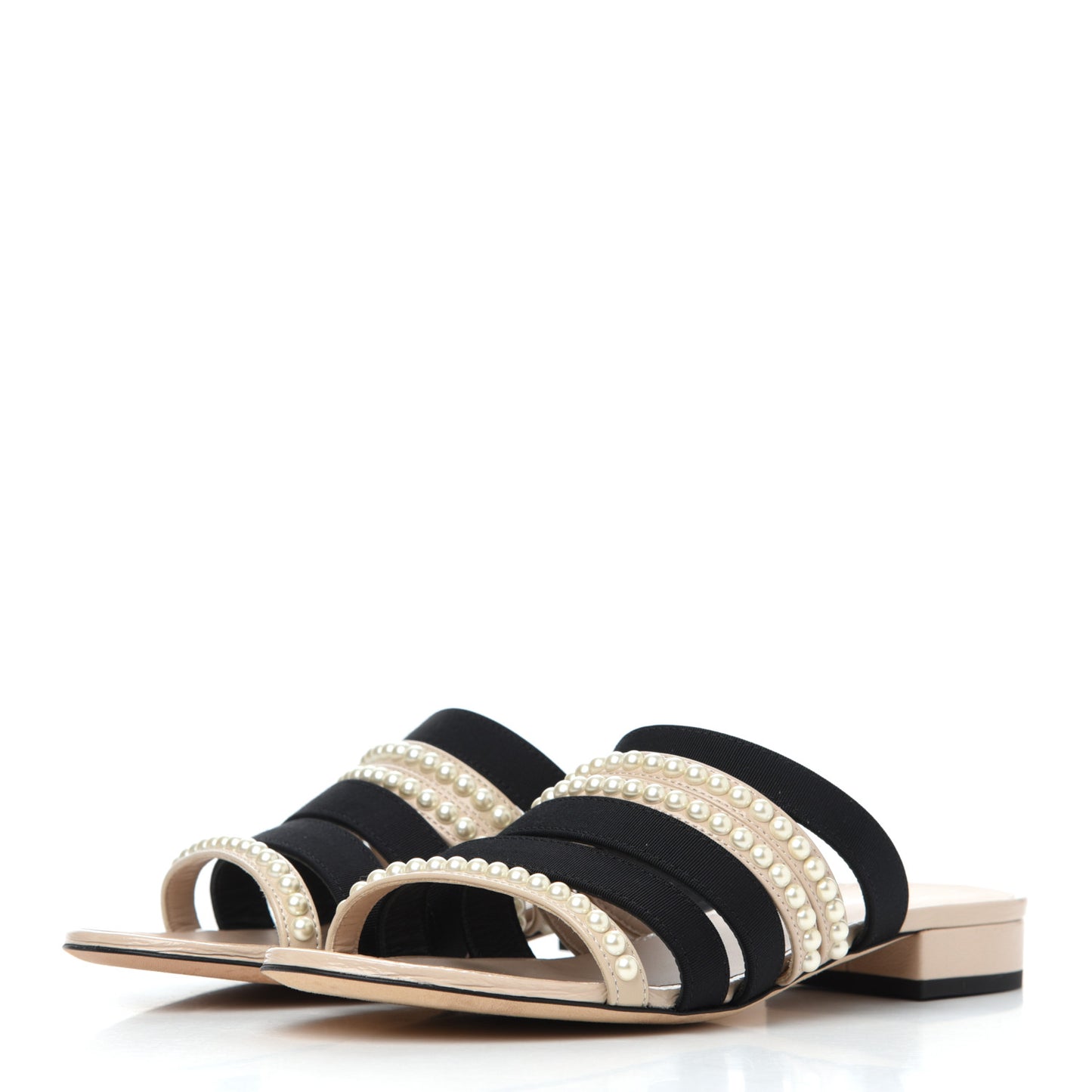 Patent Calfskin Grosgrain CC Pearl Mules 36 Beige Black
