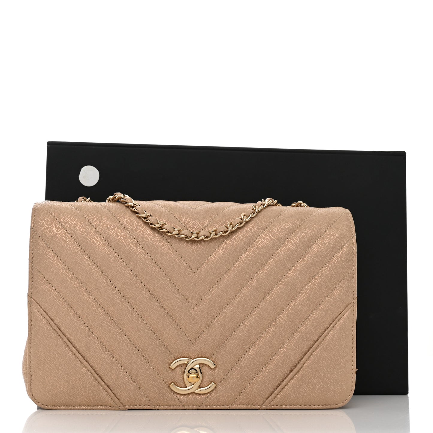 Metallic Caviar Chevron Quilted Medium Statement Flap Beige