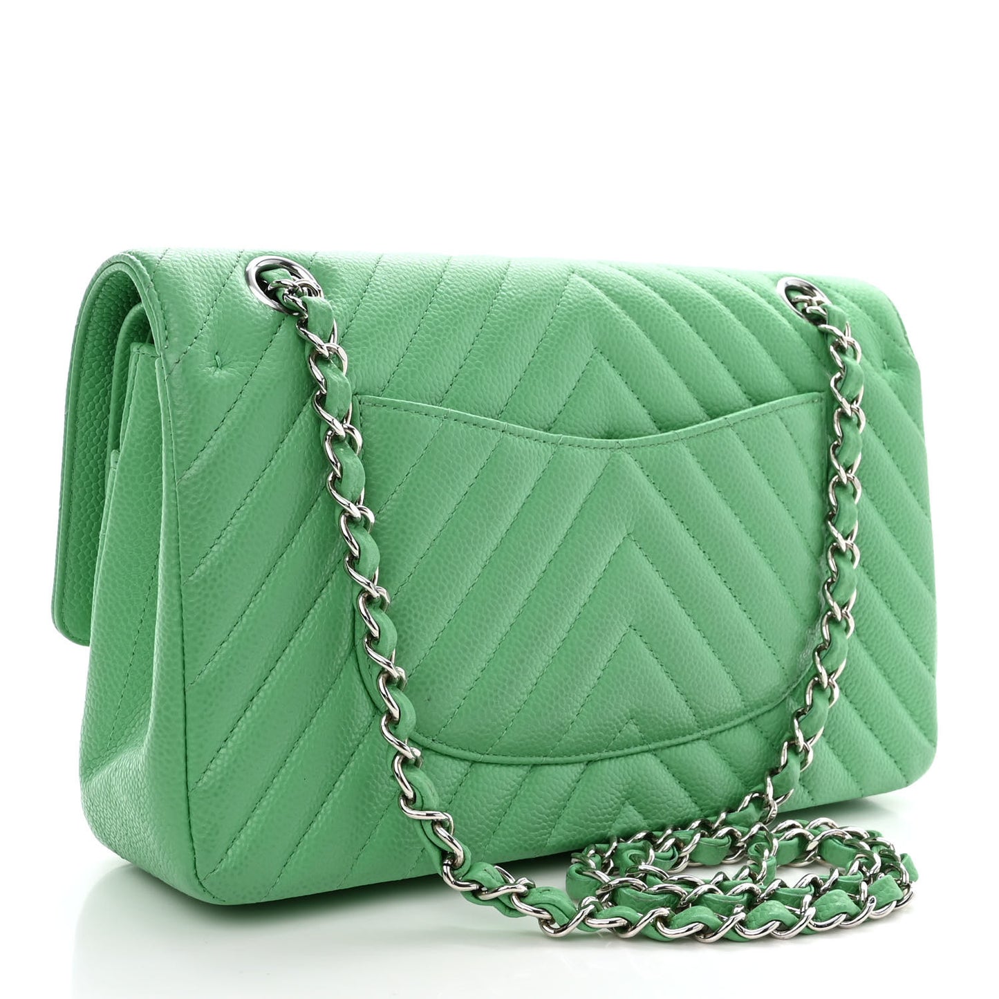 Caviar Chevron Quilted Medium Double Flap Green