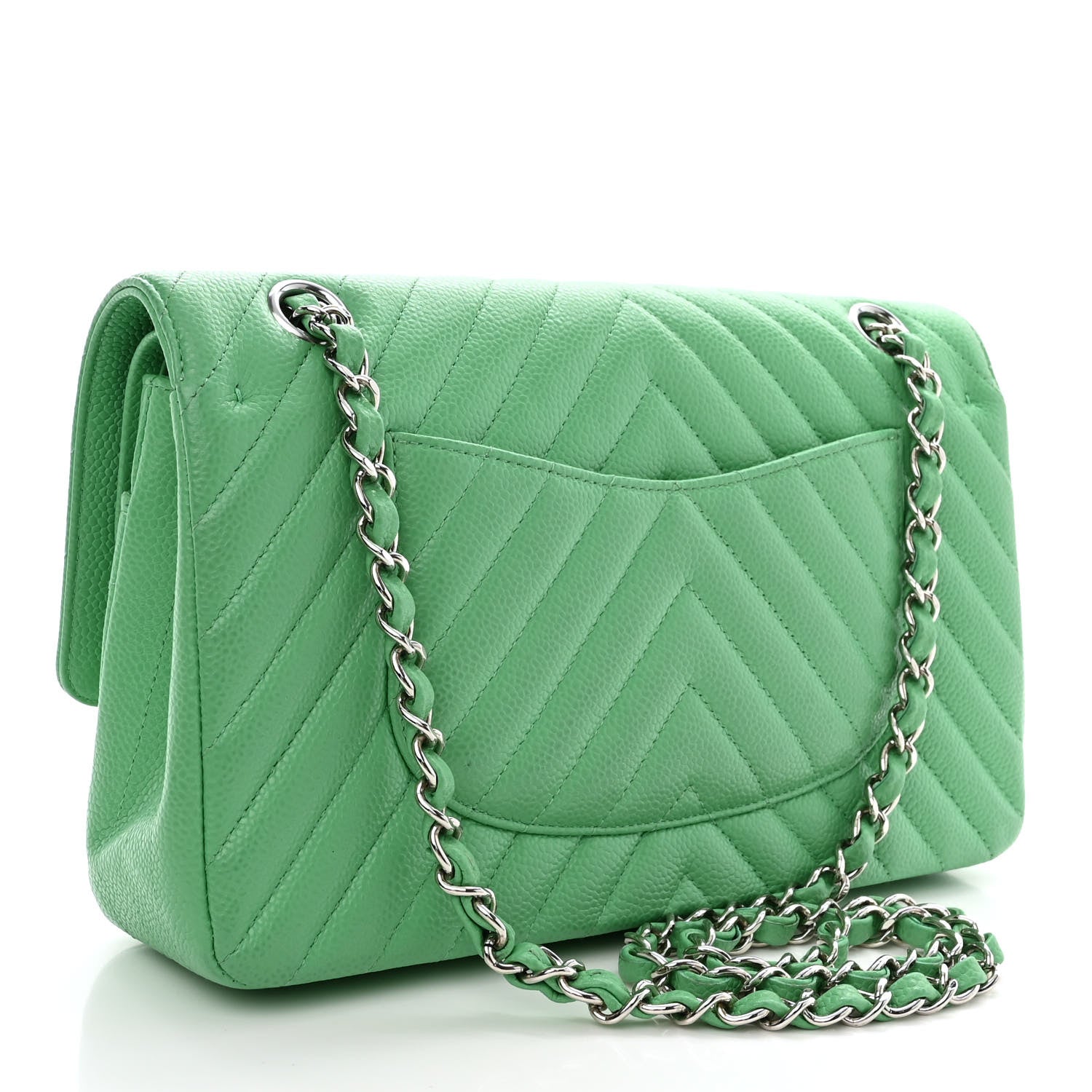 Chanel Caviar Chevron Quilted Medium Double Flap Green 3 of 12