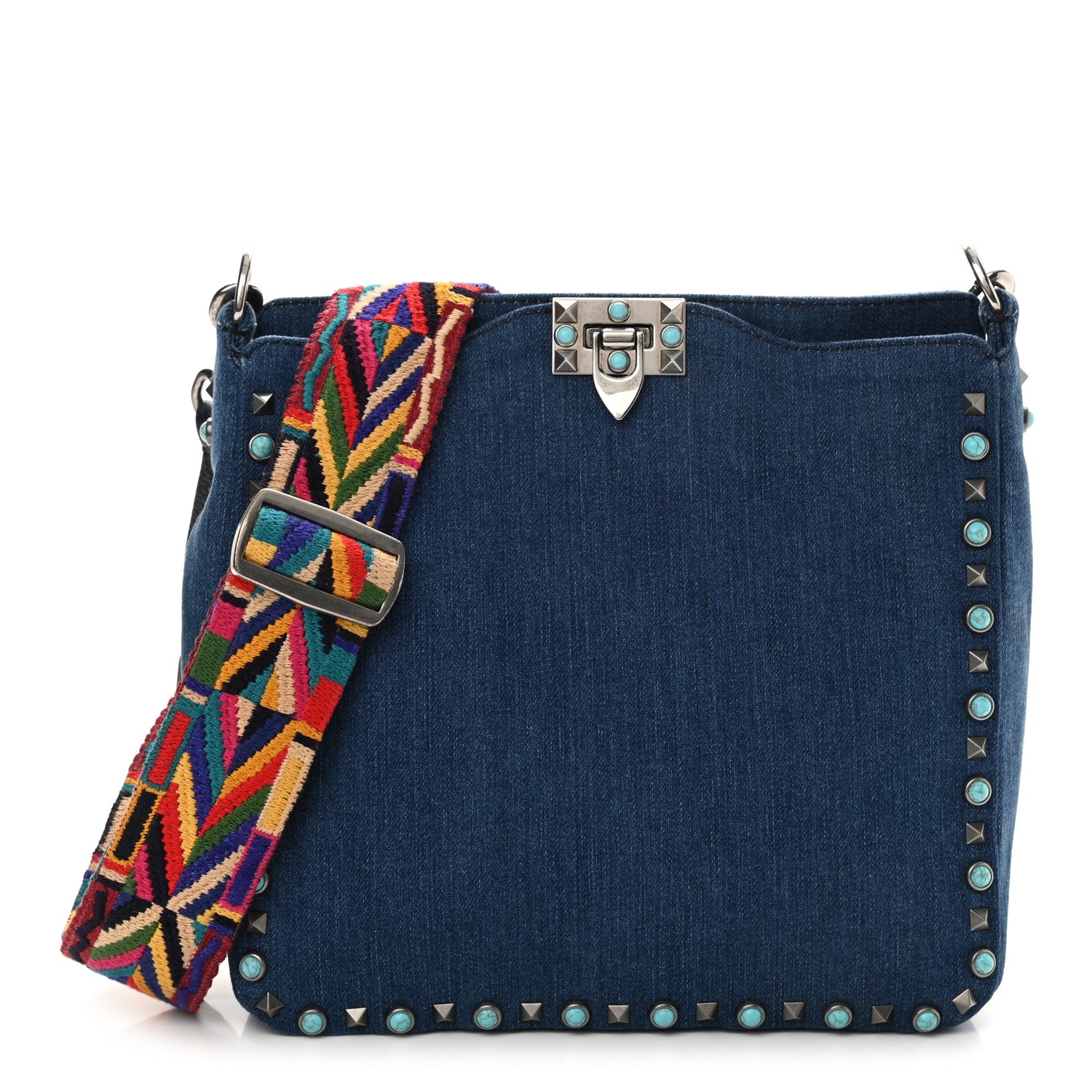 Valentino Garavani Denim Small Guitar Strap Rockstud Rolling Flip-Lock Messenger Bag Blue 1 of 7