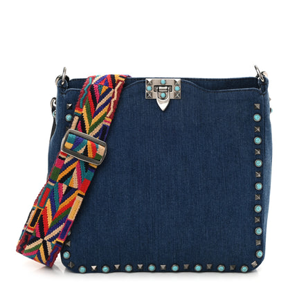 Valentino Garavani Denim Small Guitar Strap Rockstud Rolling Flip-Lock Messenger Bag Blue 1 of 7