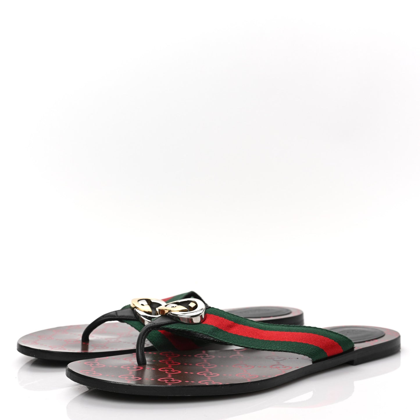 Nylon Calfskin Web GG Monogram Womens Thong Sandals 41 Green Red Cocoa