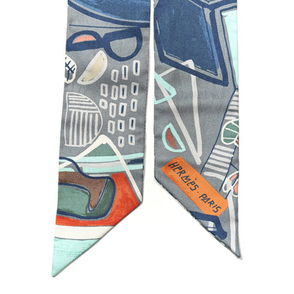 Hermes Silk Modernisme Tropical Twilly Gris Acier Petrole Orange 2 of 4
