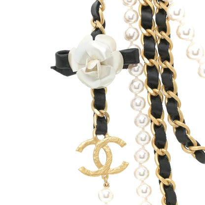 Chanel Pearl Lambskin Chain 90's Camellia CC Multi Strand Necklace Gold Black 4 of 6