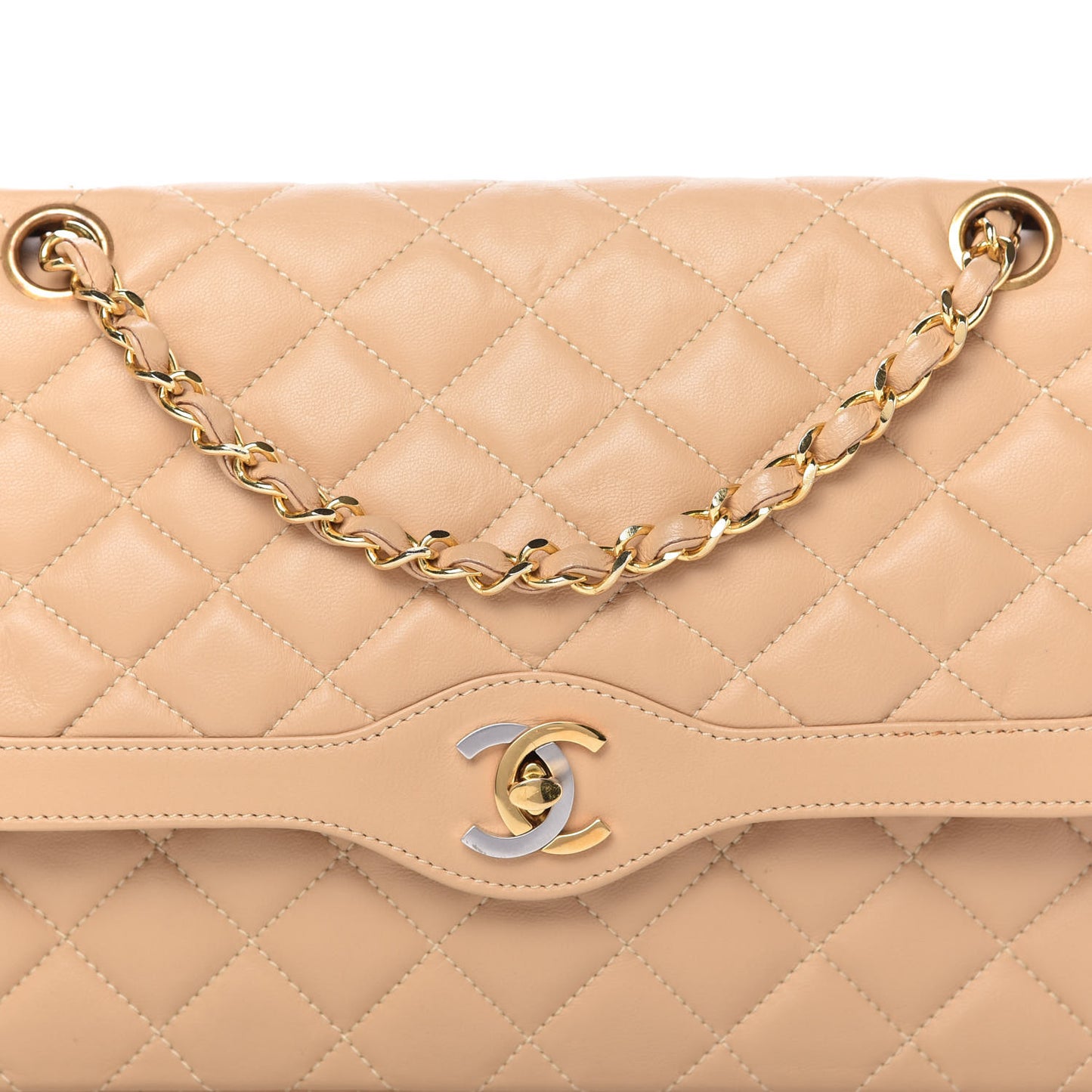 Lambskin Quilted Medium Double Flap Beige