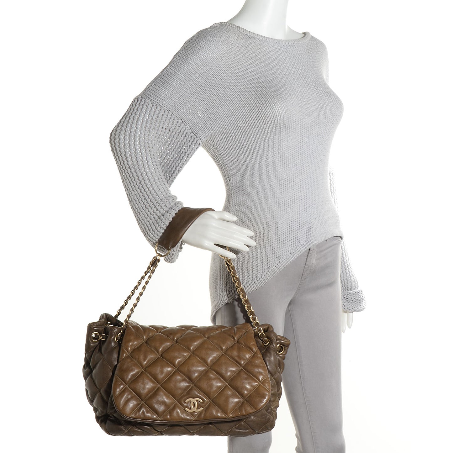 Lambskin Bubble Quilt Flap Bag Dark Beige