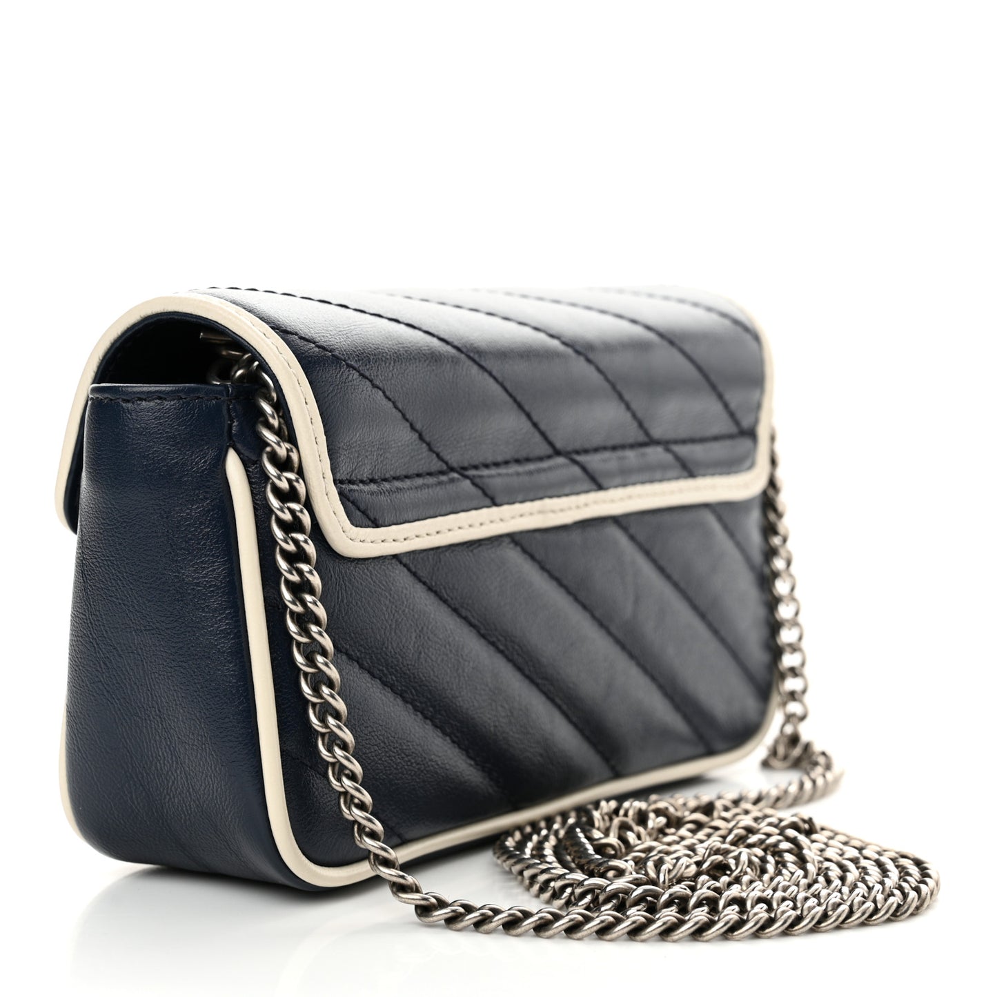 Vintage Effect Calfskin Matelasse Diagonal Super Mini Torchon GG Marmont Shoulder Bag Blue Agata Mystic White