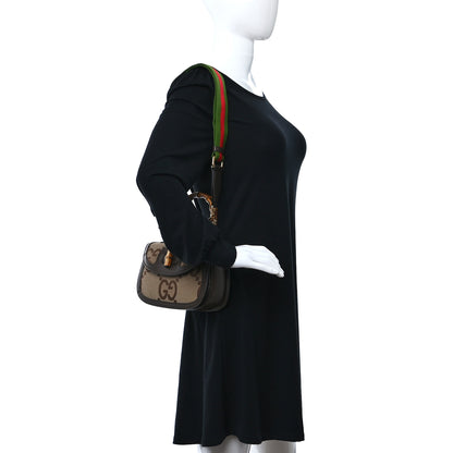 Gucci Monogram Jumbo GG Textured Dollar Calfskin Web Small Bamboo 1947 Top Handle Bag Camel Ebony New Acero 3 of 9