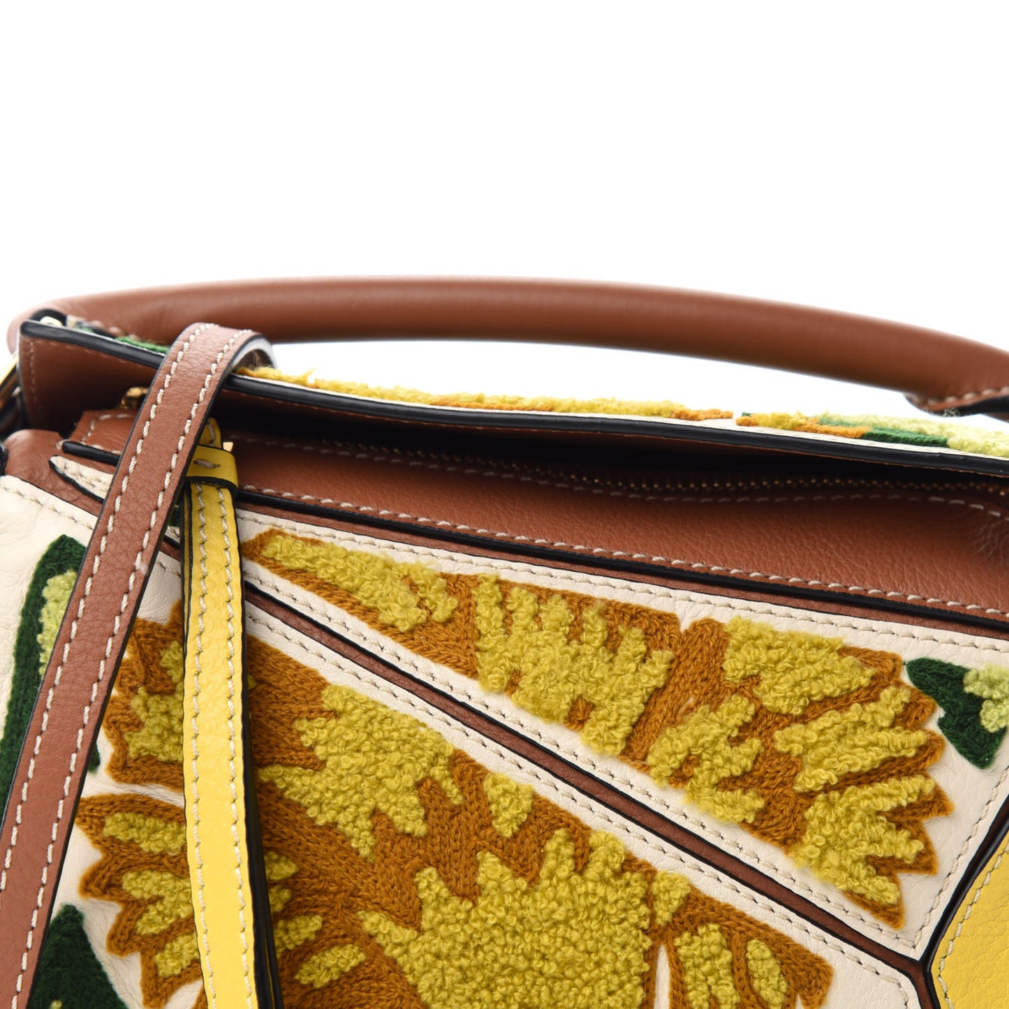 Calfskin Embroidered Floral Mini Puzzle Bag Tan Yellow