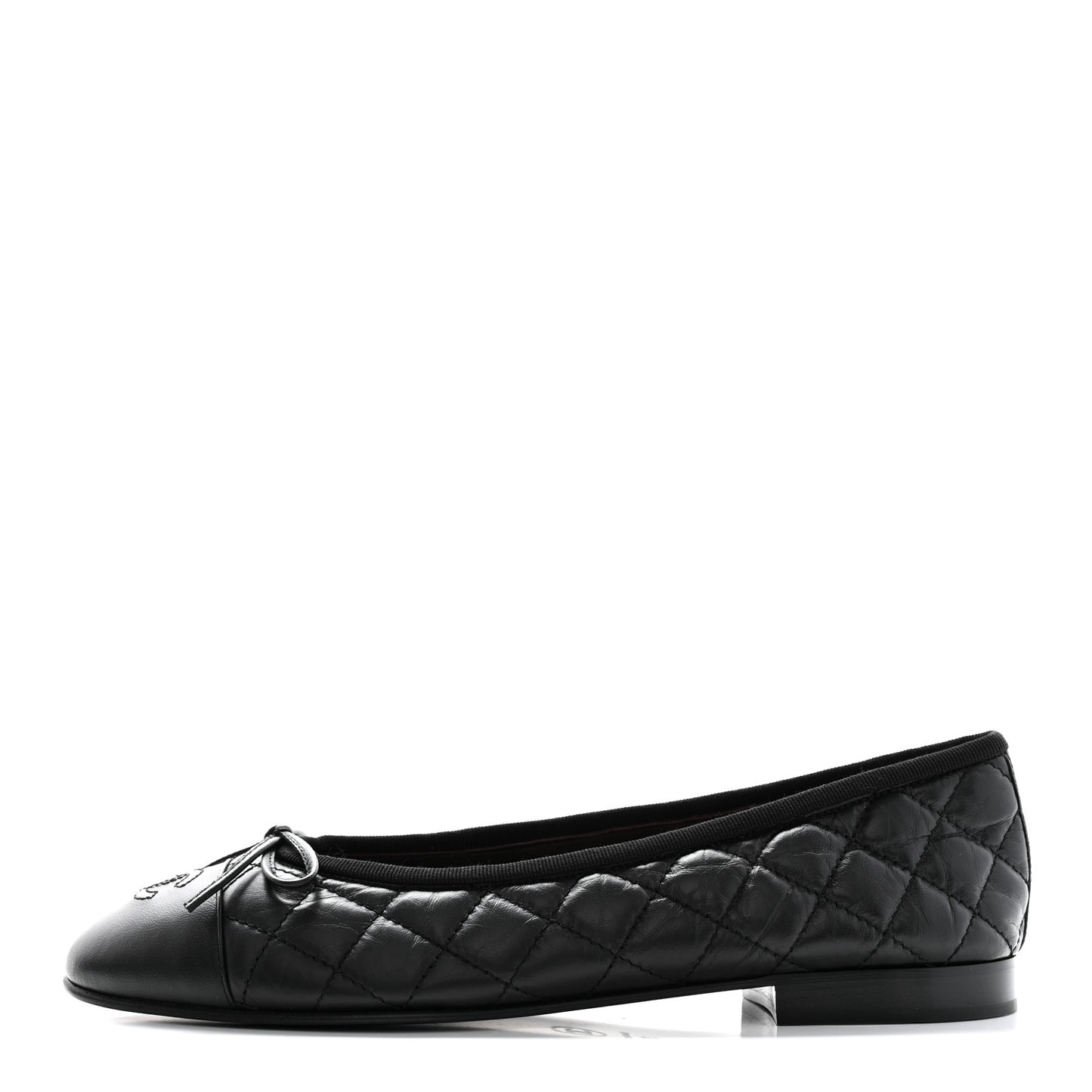 Aged Calfskin Quilted Cap Toe Ballerina Flats 38.5 Black