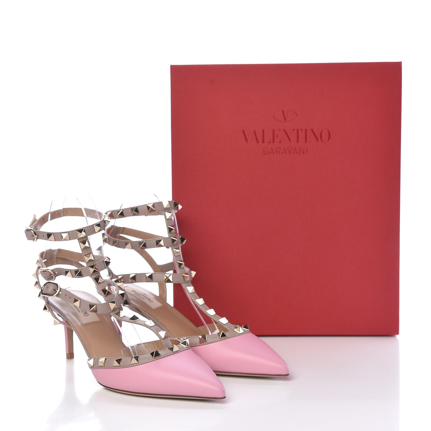 Calfskin Nappa Rockstud Ankle Strap 65mm Pumps 38.5 Absolute Poudre
