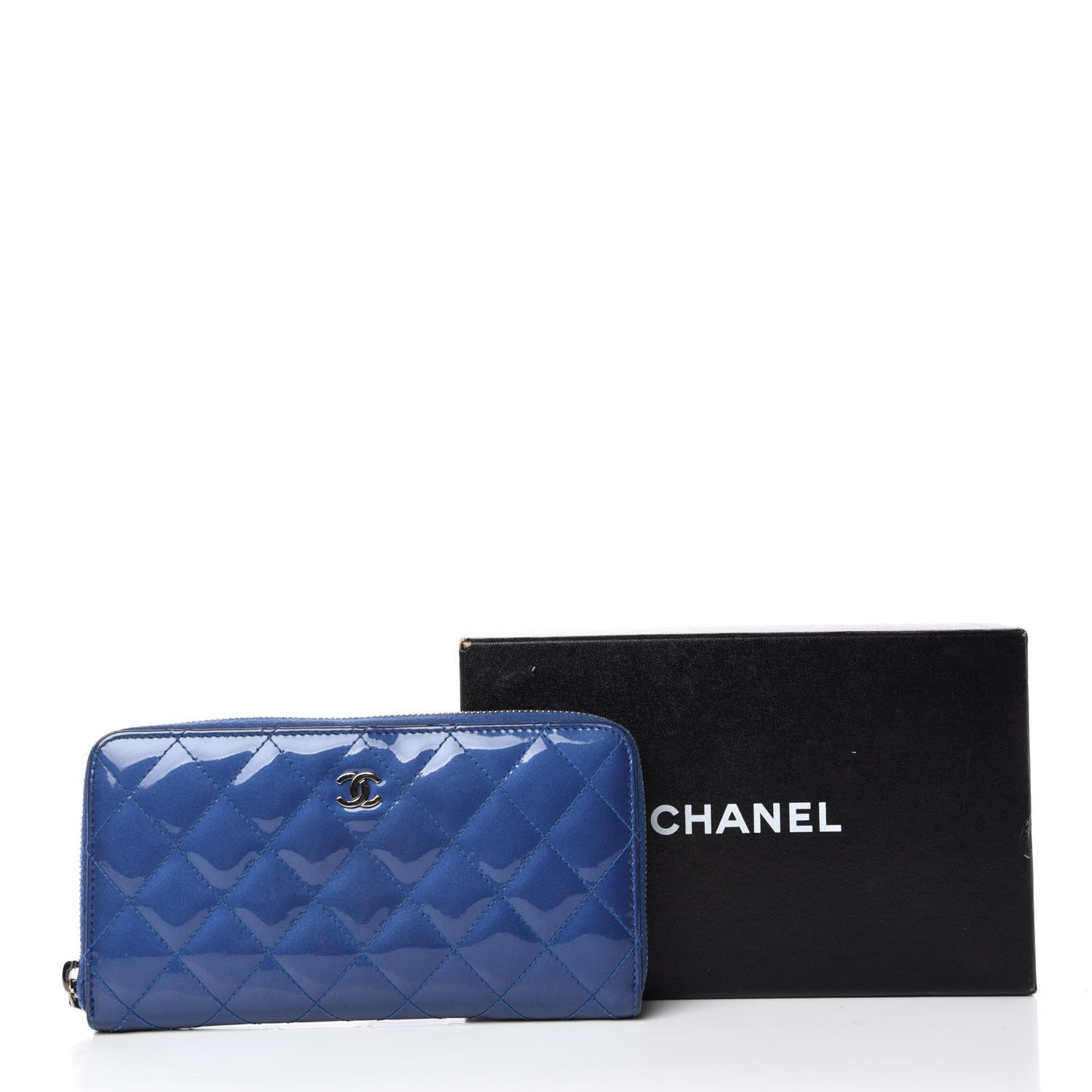 Patent Quilted Large Gusset Zip Around Wallet Blue