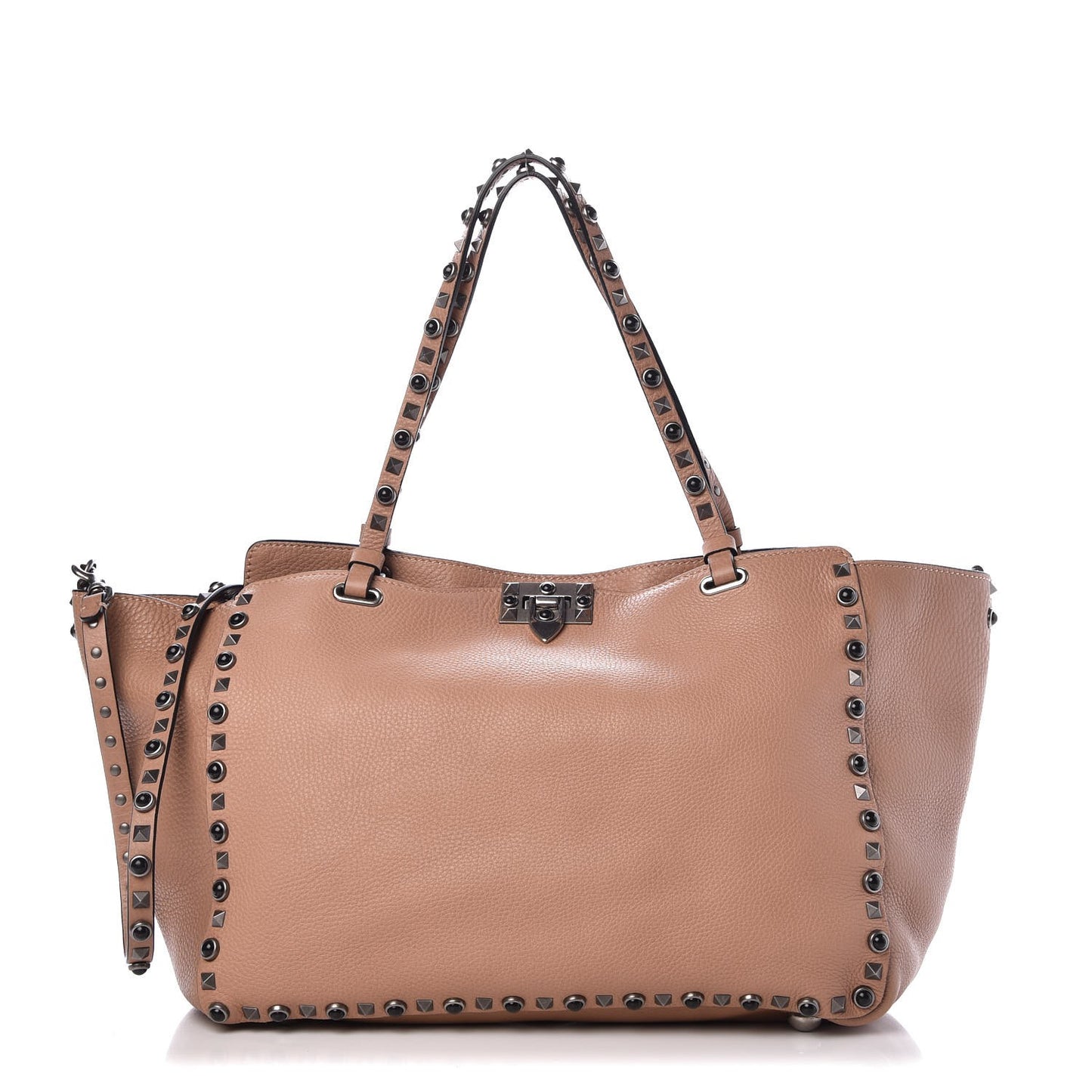 Grained Calfskin Onyx Medium Rockstud Rolling Tote Soft Noisette