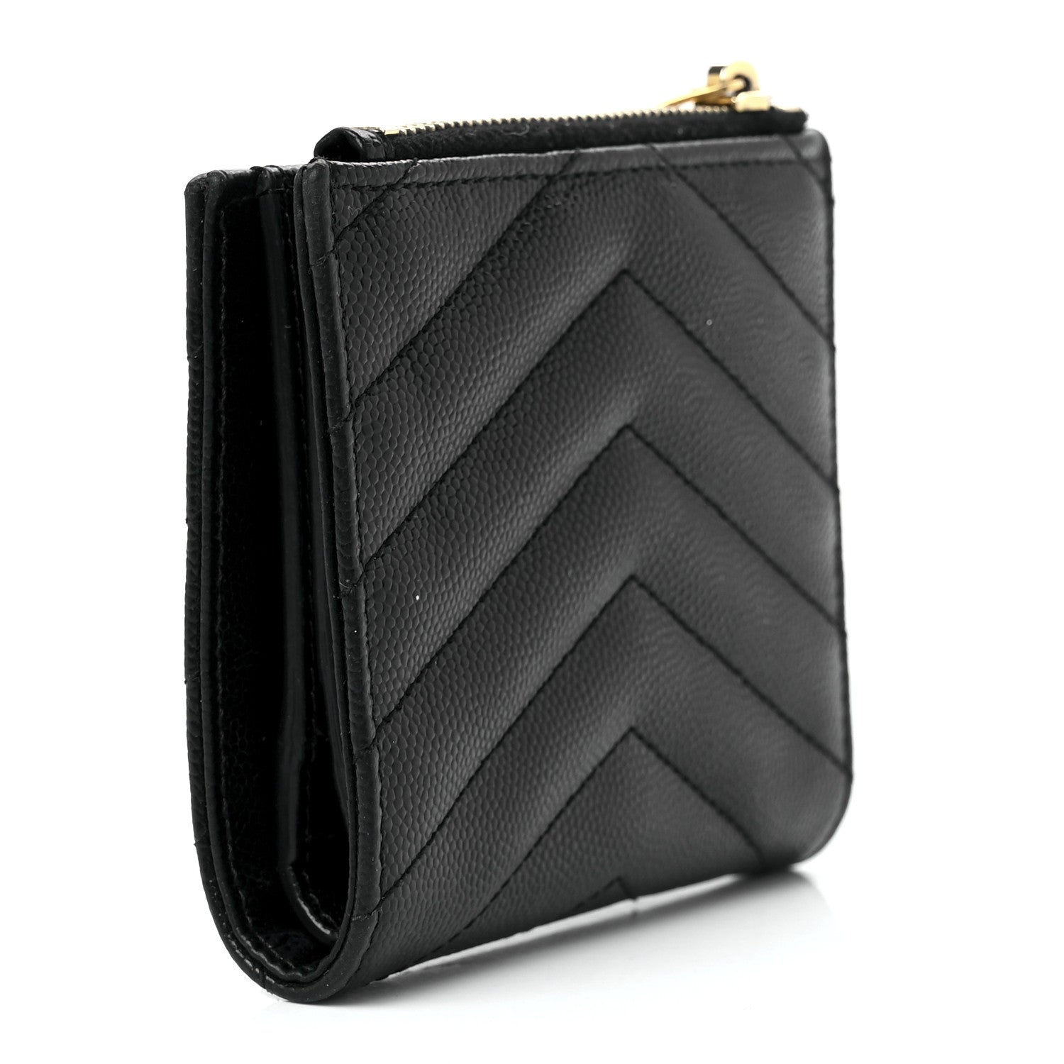 Saint Laurent Grain De Poudre Matelasse Chevron Monogram Zipped Card Case Black 2 of 10