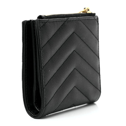 Saint Laurent Grain De Poudre Matelasse Chevron Monogram Zipped Card Case Black 2 of 10