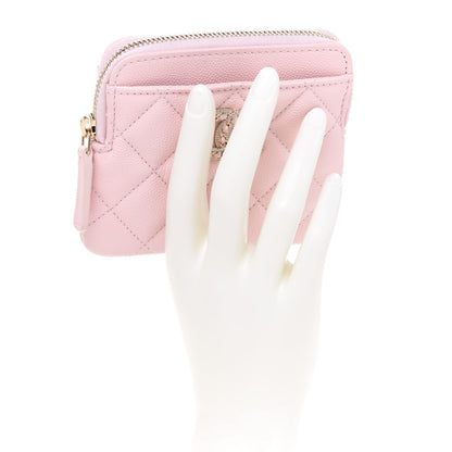 Chanel Caviar Quilted Crystal Zip Card Holder Wallet Light Pink 2 of 8