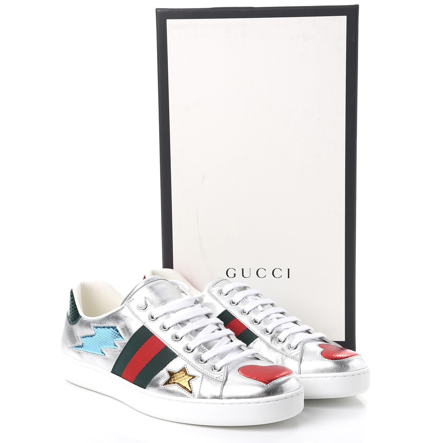 Gucci Metallic Nappa Ayers Web Lightning Bolt Embroidered Mens Ace Sneakers 9.5 Silver 12 of 12
