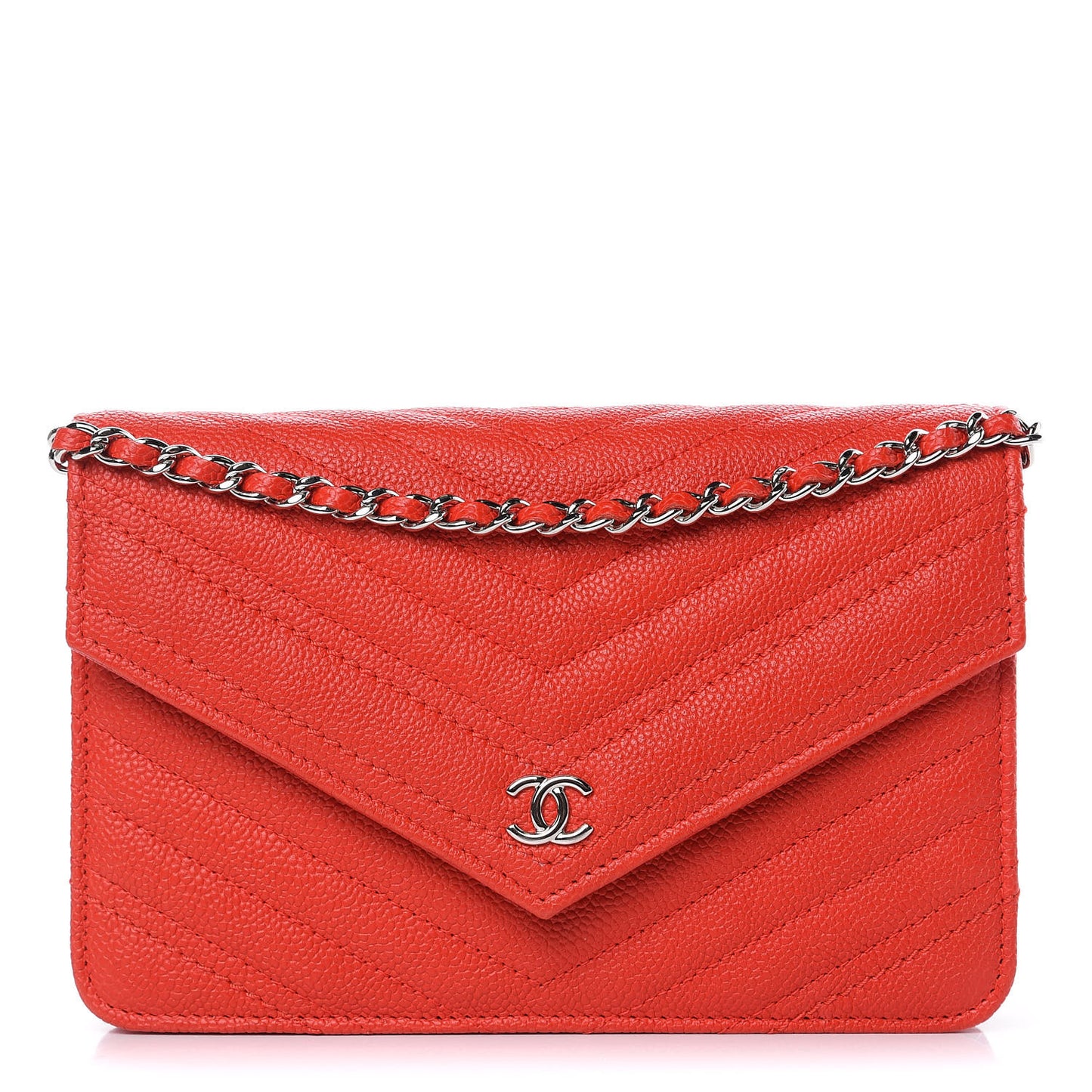 Caviar Chevron Quilted Statement Wallet On Chain WOC Red