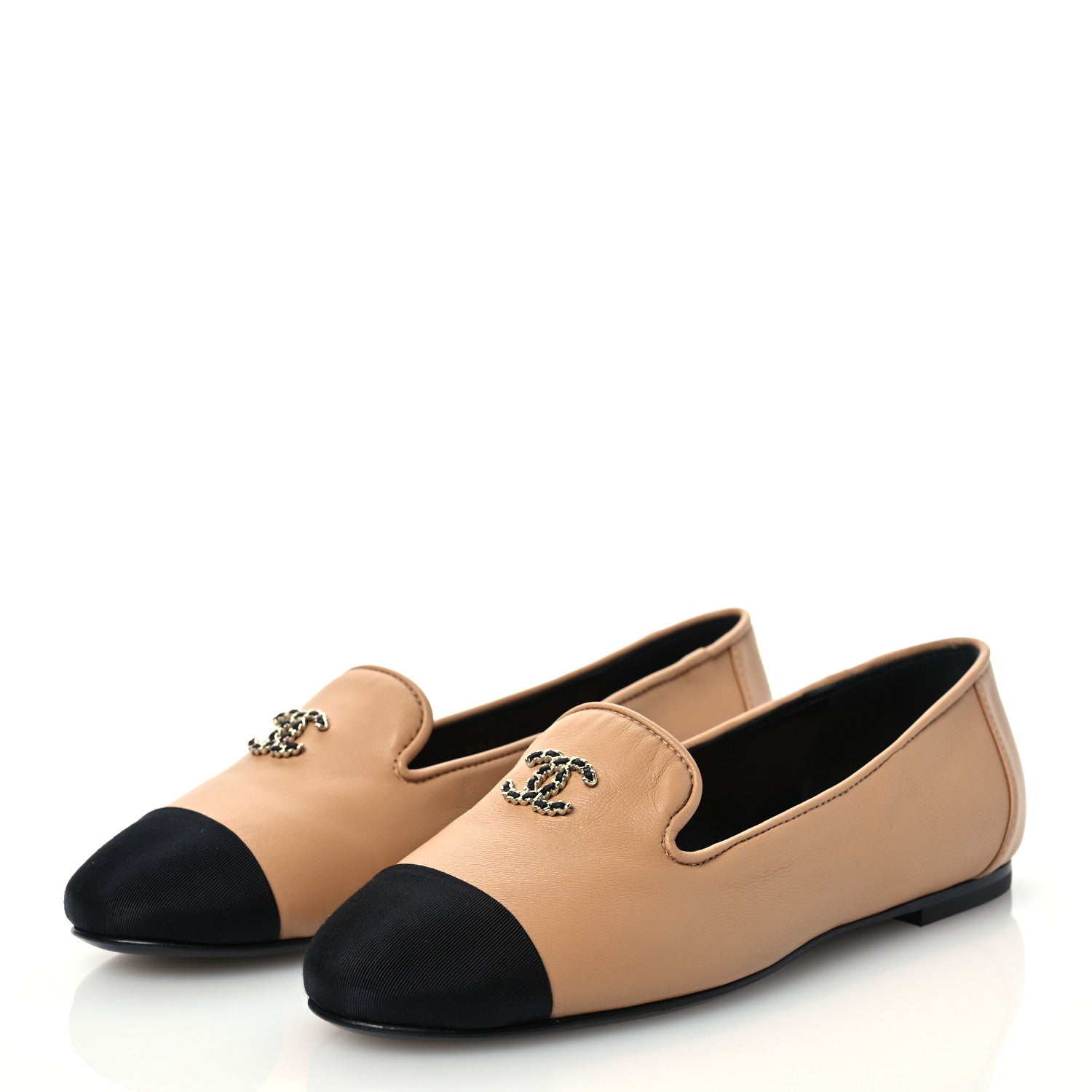 Chanel Lambskin Grosgrain Cap Toe CC Moccasin Loafers 35 Beige Black 3 of 10