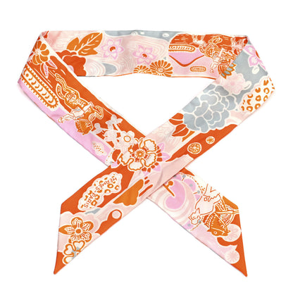 Hermes Silk Bingata Twilly Orange Rose Gris 1 of 4