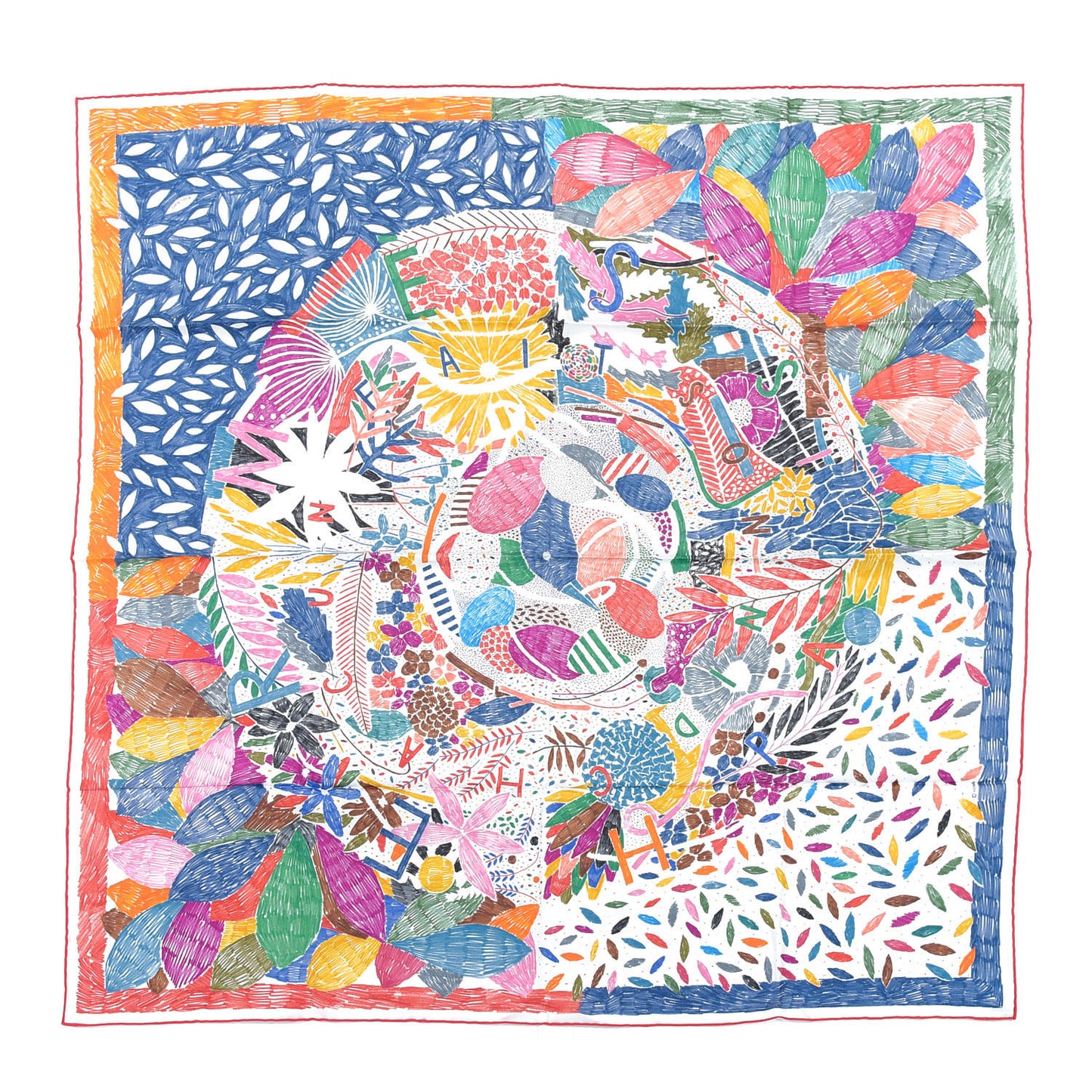 Silk Chacun Fait Son Nid Scarf 90 Bleu Rouge Jaune D'Or