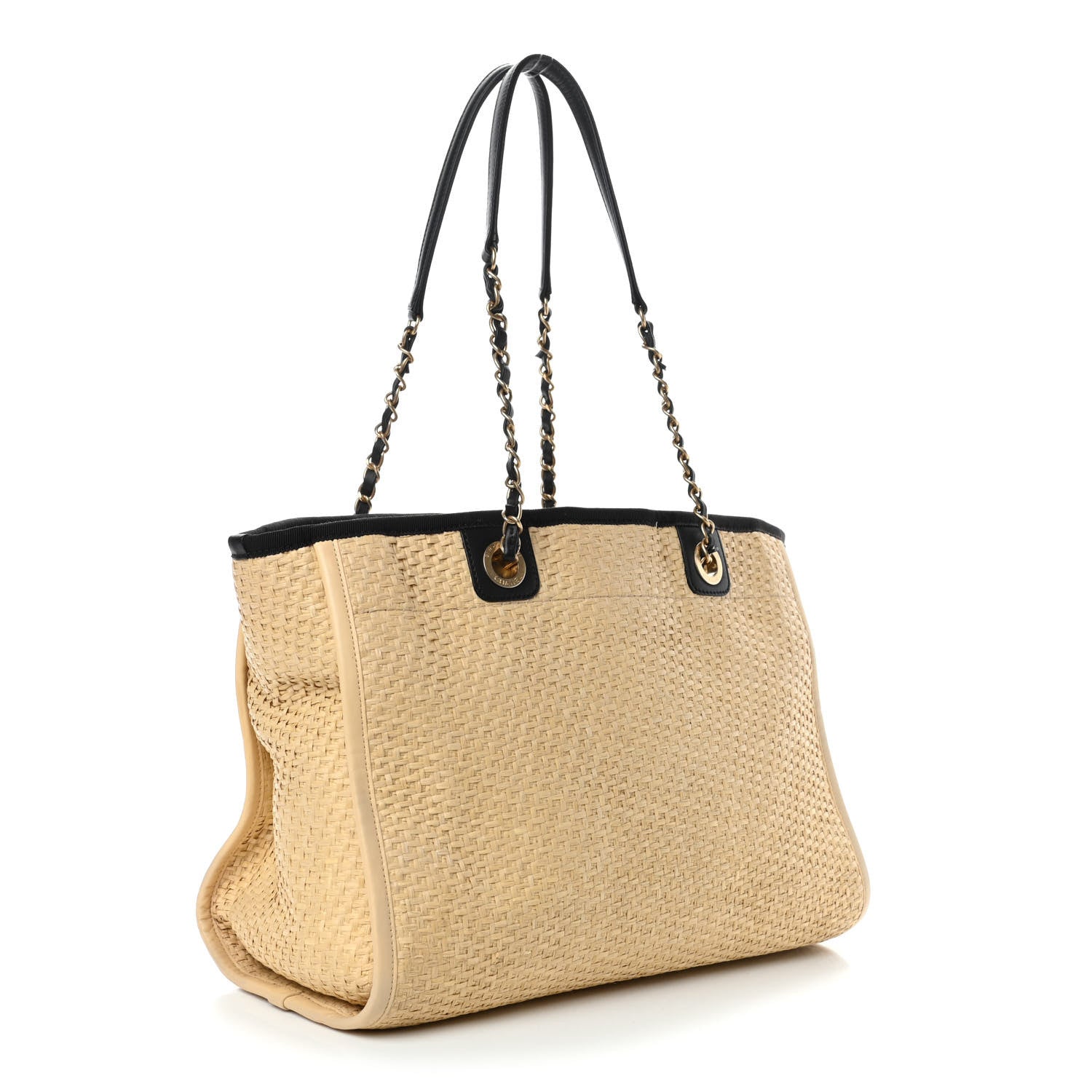 Chanel Straw Raffia Calfskin Chain Small Deauville Tote Beige Black 2 of 5