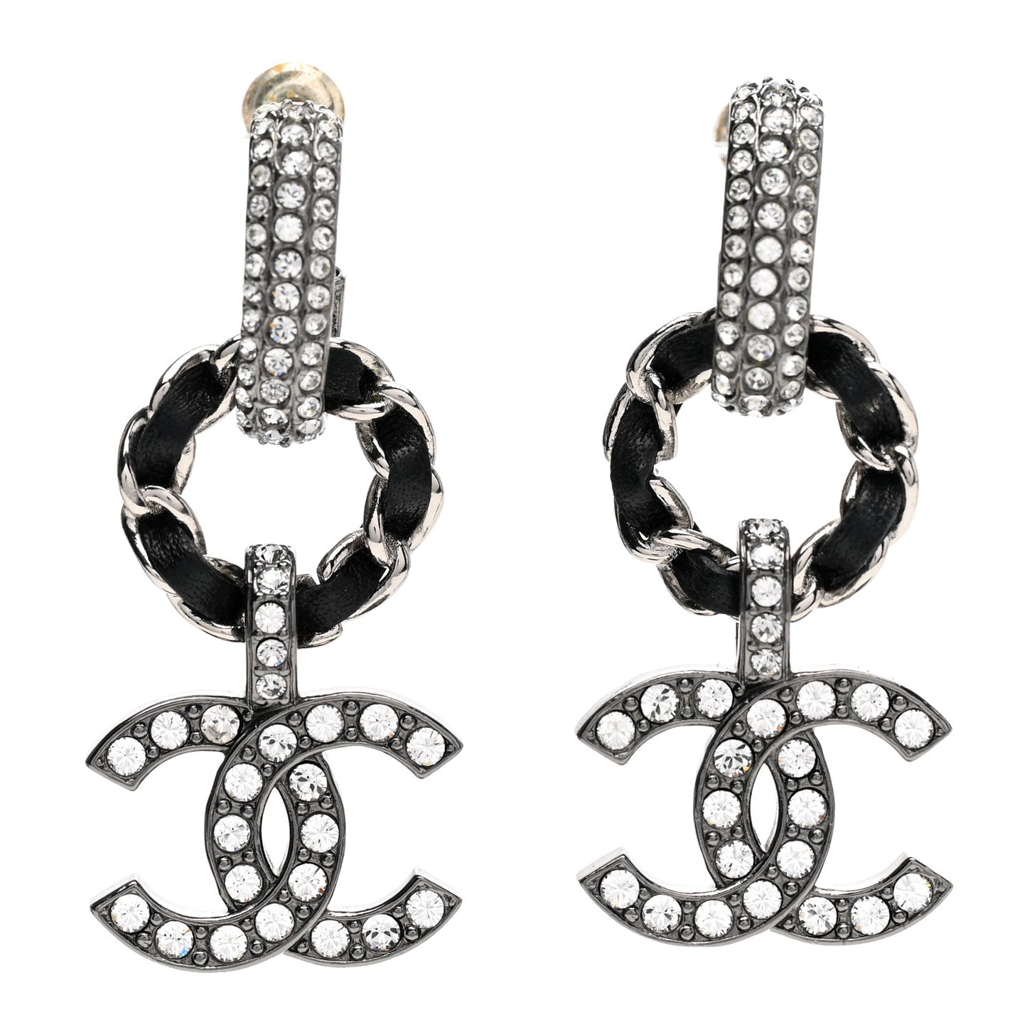 Ruthenium Lambskin Crystal CC Dangle Earrings Silver Black