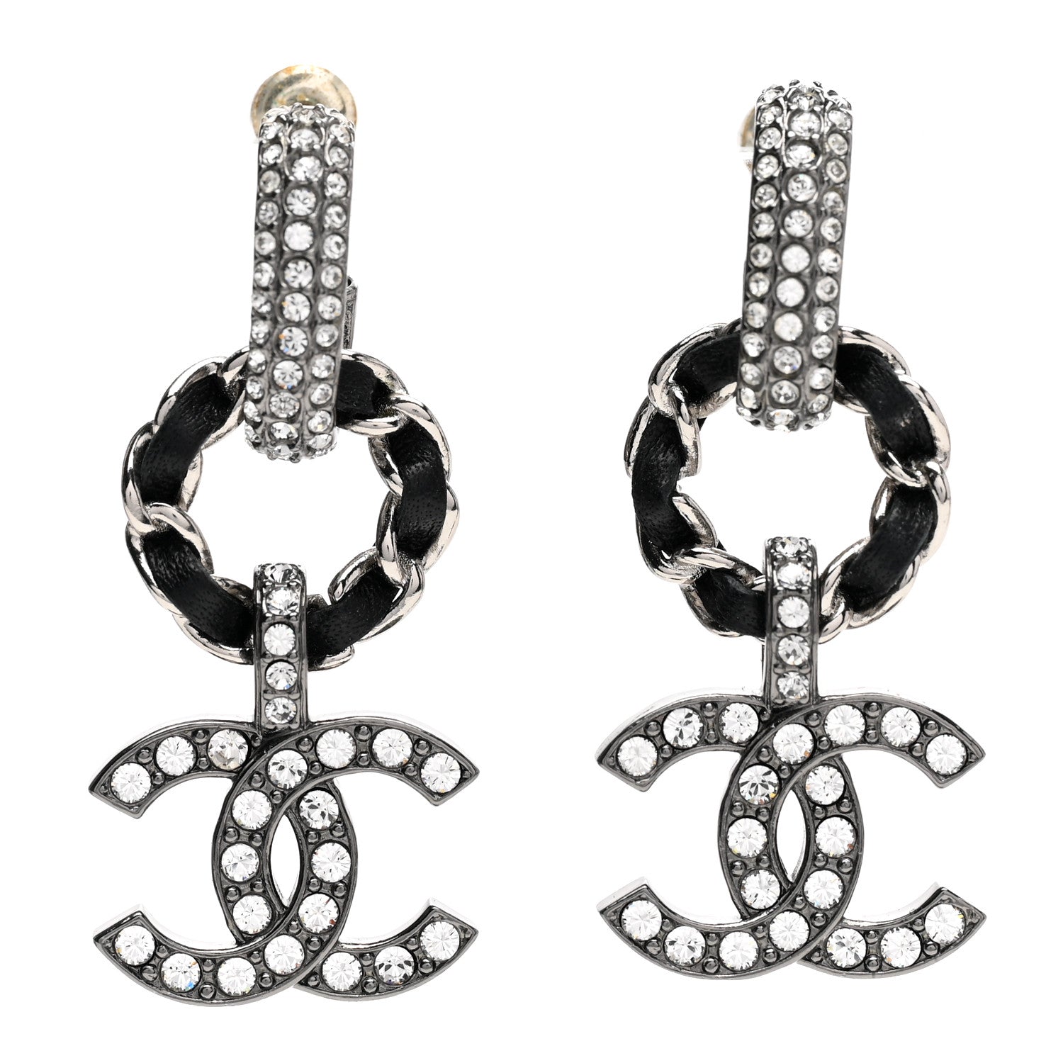 Chanel Ruthenium Lambskin Crystal CC Dangle Earrings Silver Black 1 of 4