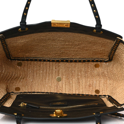 Valentino Garavani Raffia Calfskin Rockstud Tote Naturale Black 4 of 7