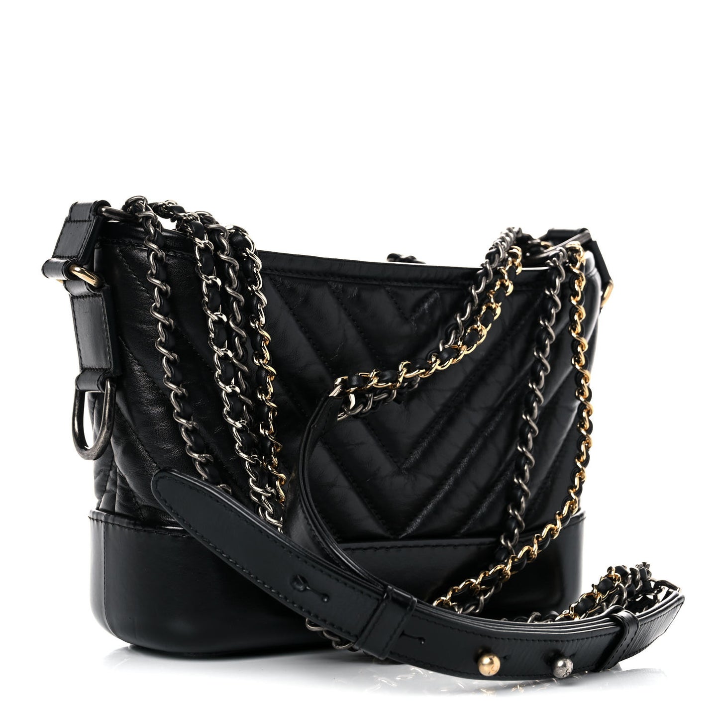 Aged Calfskin Chevron Quilted Small Gabrielle Hobo Black