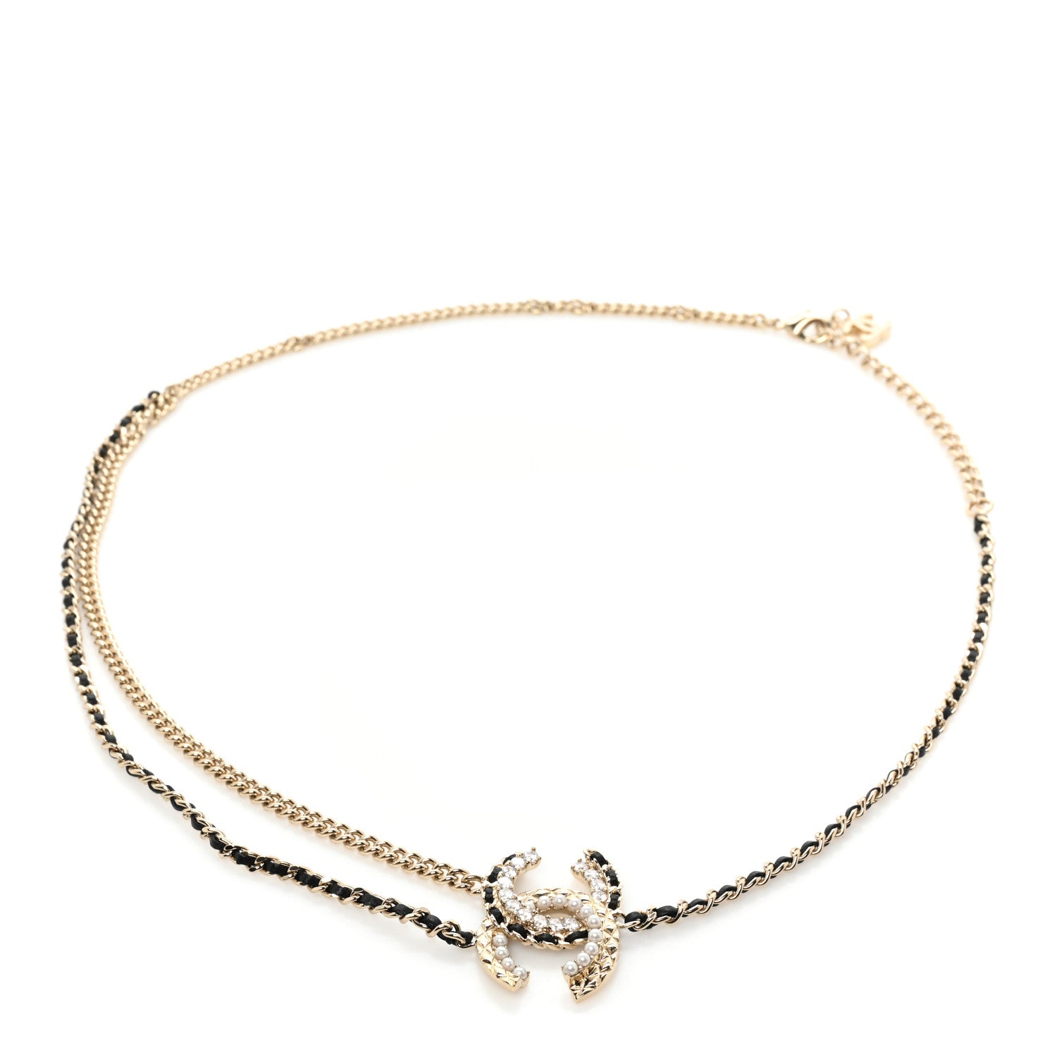 Chanel Lambskin Pearl Crystal Chain CC Belt 85 Gold Pearly White Black 1 of 4