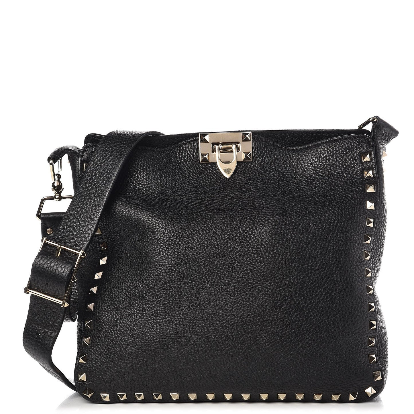 Pebbled Calfskin Small Rockstud Flip-Lock Messenger Bag Black